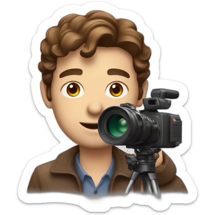 European film director with brown hair holding a cinema camera sticker