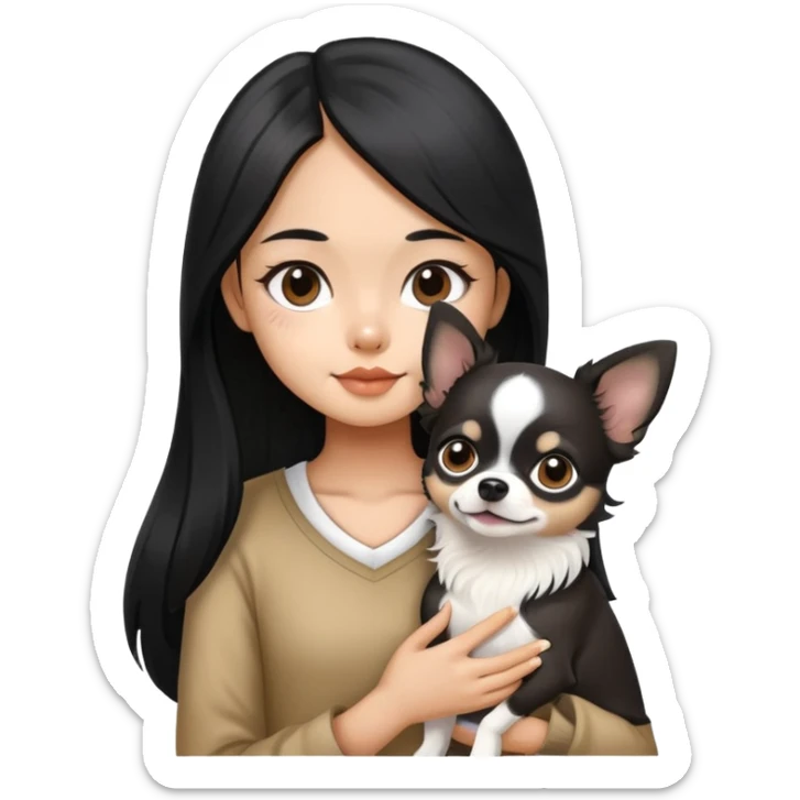 Thai girl with long black hair holding a black and white Chihuahua dog sticker