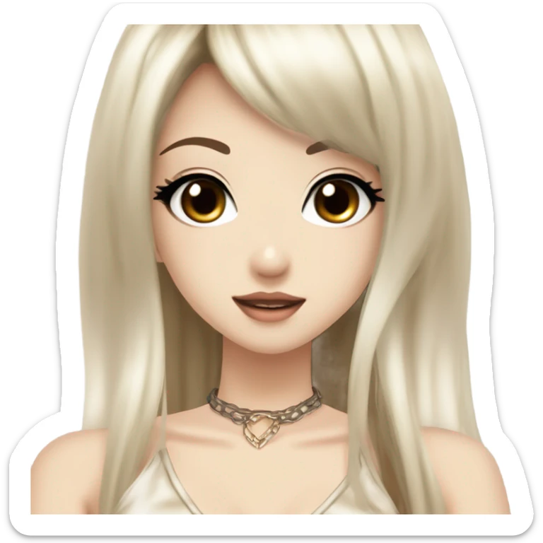 hime gyaru girl with LONG SILKY BLACK HAIR, with beige satin halter top with chest, very pale skin and pretty brown monolid eyes sticker