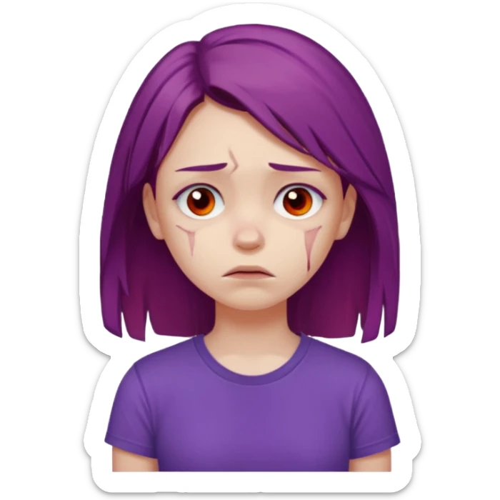 Young girl with red, damaged, and unattractive hair, wearing a purple T-shirt, with a sad face. sticker