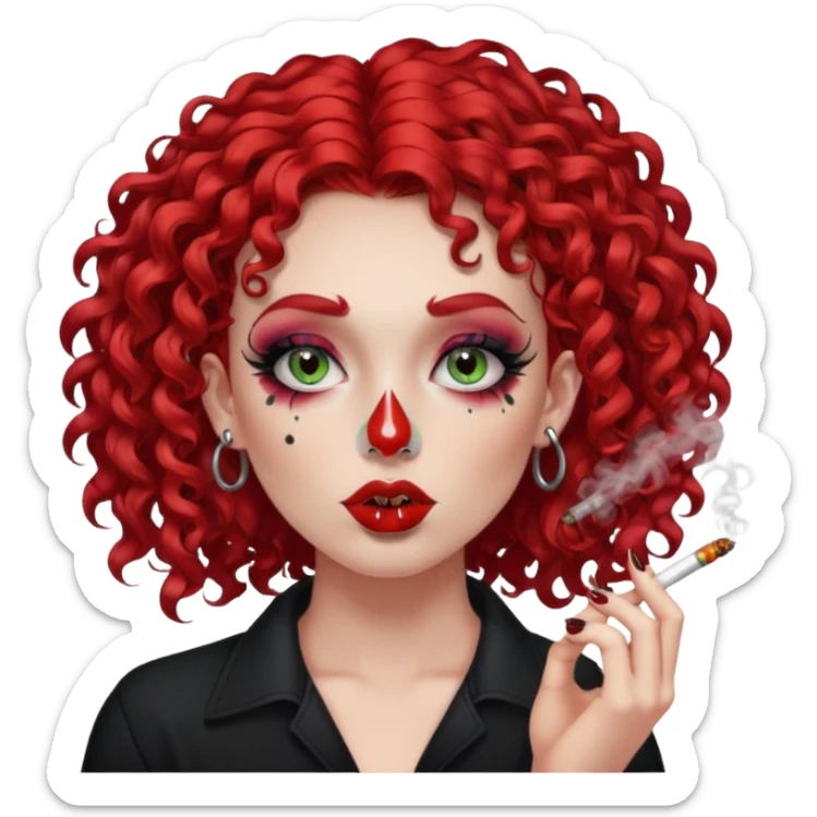 bright red curly hair alt girl with dark makeup and gauged septum, eyebrow and nose piercings smoking weed sticker
