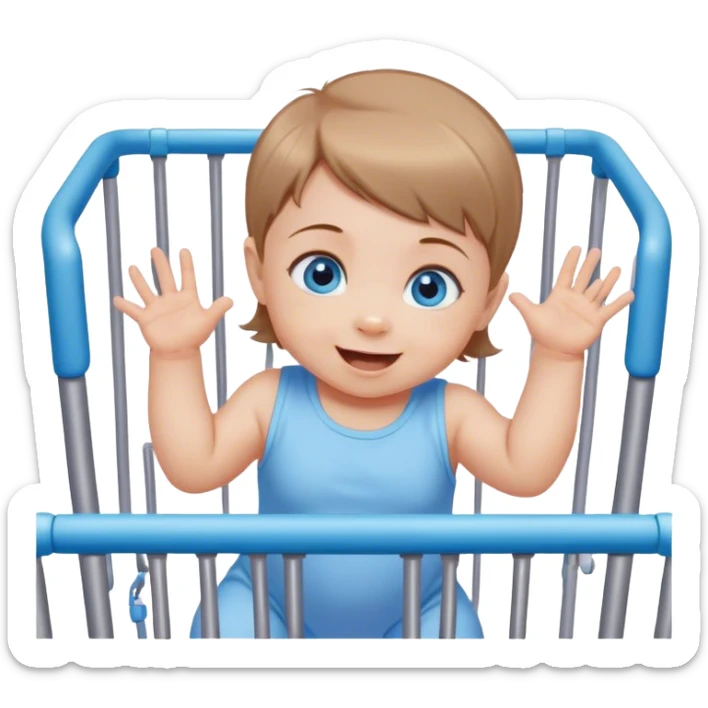 Blue-eyed baby girl with short light brown hair, mischievous smile climbing out of playpen sticker
