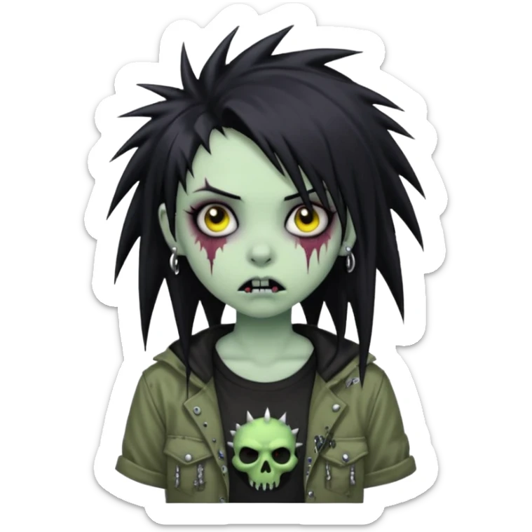 emo zombie girl with baggy spiky shirt and piercings and long jet black hair  sticker
