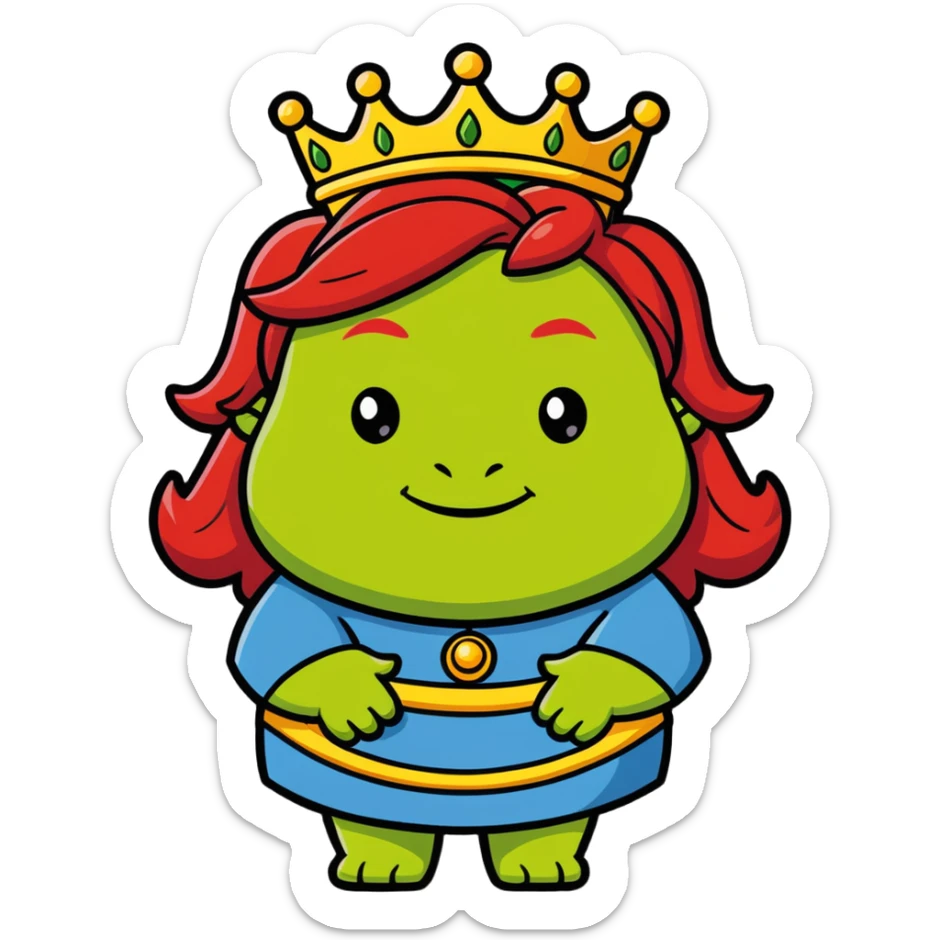 Princess Fiona as a classic fairytale princess, green ogre, red hair, wearing a crown sticker