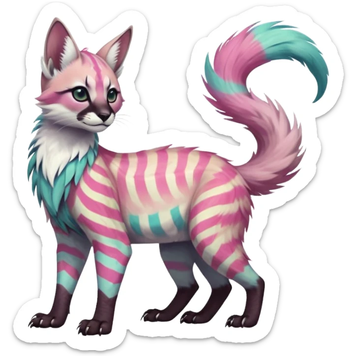 Colorful tropical feathery tribal pale light fruity pastel white glorious iridescent divine exotic cute albino neon vibrant zigzagged cool beautiful fantasy-caracal-civet-genet-sergal-vernid-Gryphon-Cacomistle-Trico-oncilla-animal-Fakémon-hybrid-fursona (full body), facial markings,  sticker