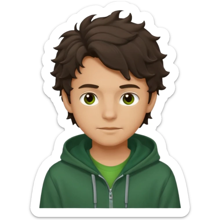 a 14 year old slightly tanned teenage boy with dark brown tousled wavy hair, dark brown eyes wearing a green tshirt, with a dark green hoodie overcoat. smirking sticker