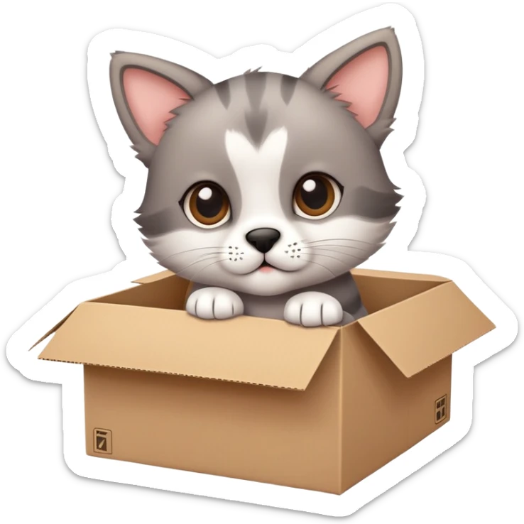  A very cute young puppy cat with one's head tilted to one side poked its paws out of the cardboard big box and placed them on top of it sticker