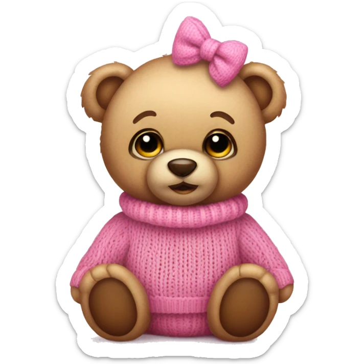 Cute Teddy Bear with big eyes, wearing a pink bow and pink knitted Sweater  sticker