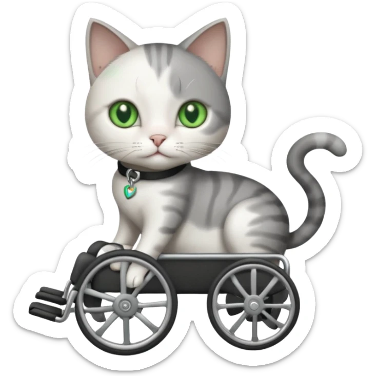 full body small short hair dark grey and white cat with green eyes walking in a wheelchair for cats sticker