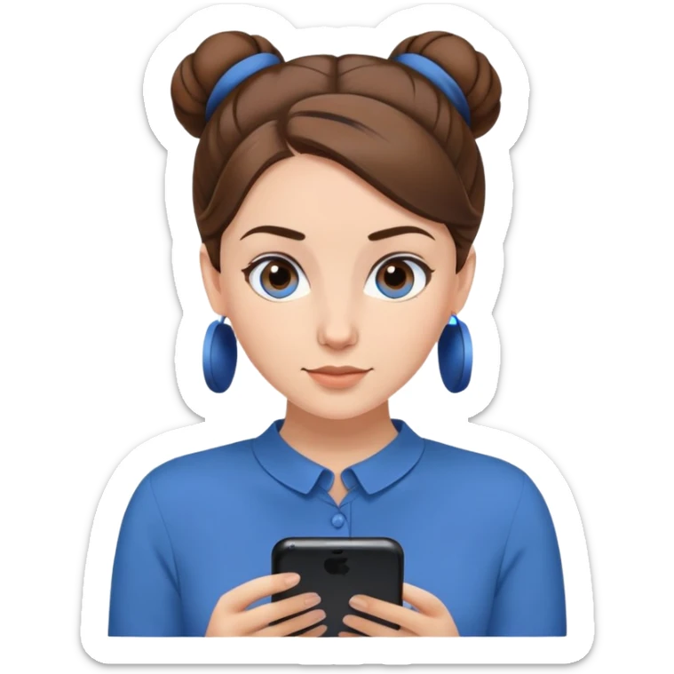 a girl with a blue blouse and the brown hair bun, and her job is a podcaster sticker