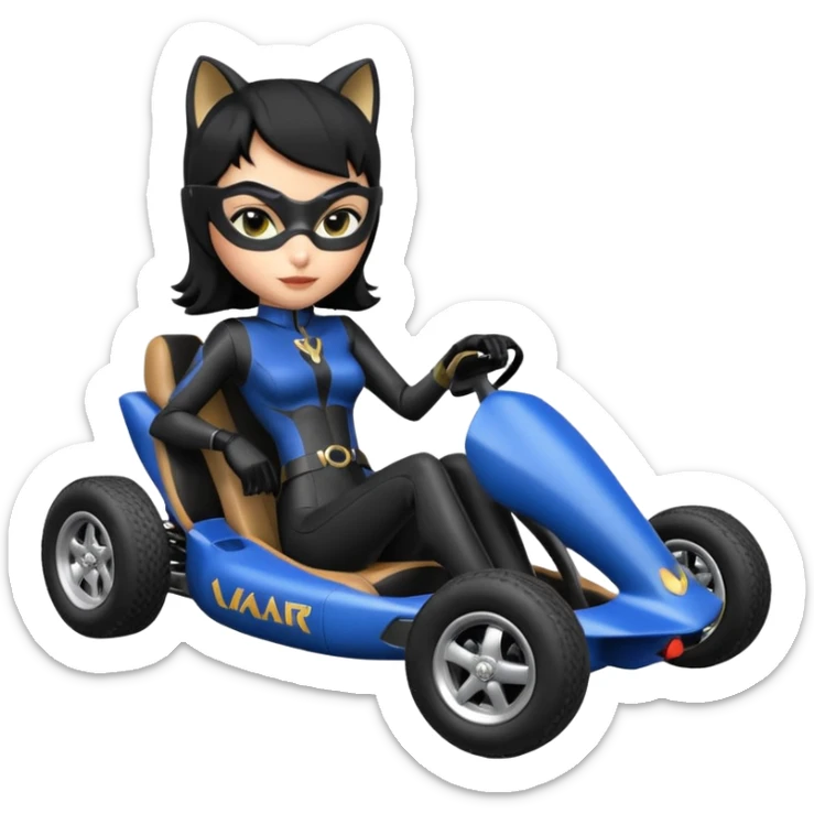 full size real-appearance electric road racing sexy CatWoman’s feminine midnight-colored tight outfit sixty’s tv show dark stealthy accurate sporty safe plush deluxe off-road pursuit drifting car jaguar accents (black hair,reclined and relaxed torso and shoulders back seating position) cross kart  sticker