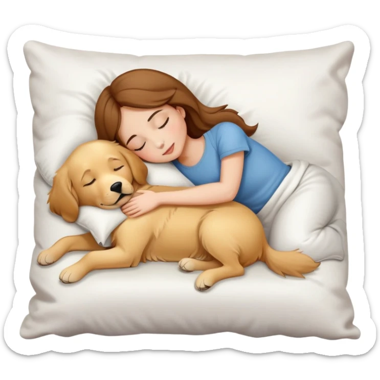 girl with brown hair sleep with white pillow, and hug with a golden retriever sticker