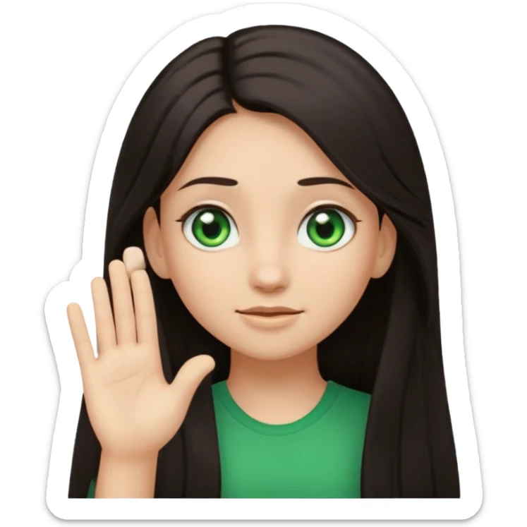 Animated girl dark long hair green eyes emoji holding right side of the head with her hand with duh facial expression  sticker