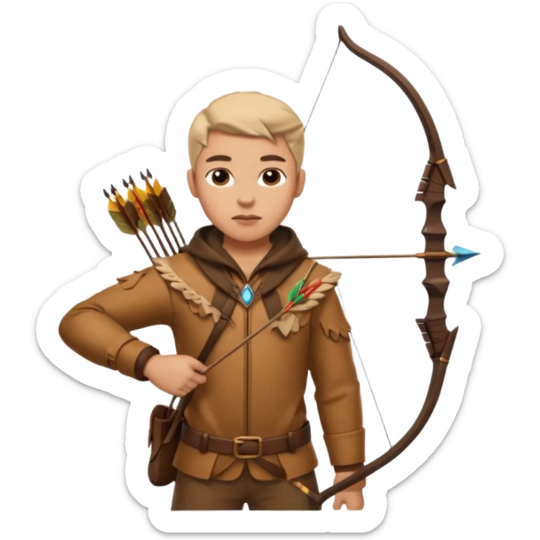 The classic hunter figure with a bow and arrow on his back, dressed in brown clothes and adorned with animal decorations sticker