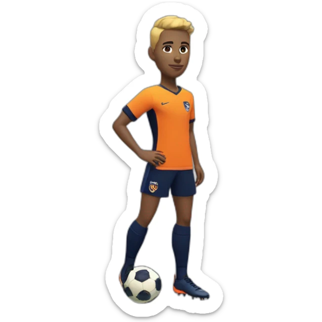 White skinned Soccer player in tangerine top with navy sleeves, navy shorts with tangerine flash, navy socks with tangerine flash  and orange kit sticker
