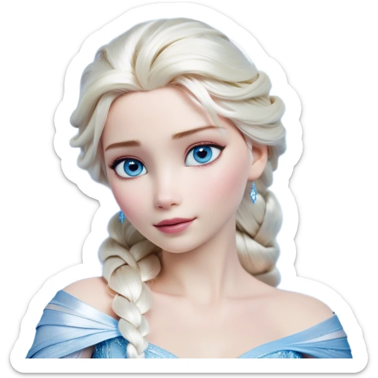 Cinematic Realistic Elsa Portrait, depicted with lifelike skin texture, soft natural lighting, and intricately detailed platinum blonde hair styled elegantly. Her striking, expressive blue eyes exude confidence and grace, complemented by a serene and regal expression. She is dressed in her signature icy attire, with shimmering fabric textures and delicate folds that catch the light beautifully. The portrait features a soft, enchanting glow with a cool, radiant finish, capturing the essence of timeless elegance in a realistic and painterly style, evoking a sense of depth and authenticity. sticker