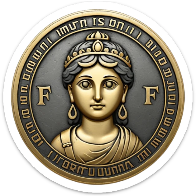Emoji style, ancient coin made of blackened metal, “FORTUNA” engraved in refined fashion typography, heavy form, subtle worn metal texture, avant-garde editorial aesthetic, no glow, no neon, flat emoji design, centered, transparent background sticker