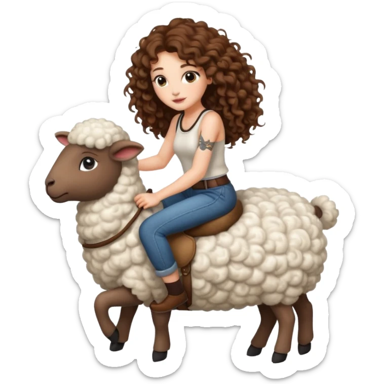 cute woman long curly brown hair tattoos riding fluffy sheep sticker