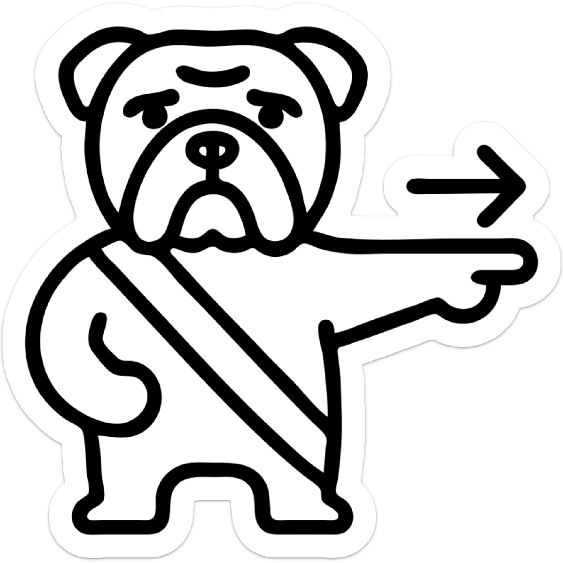 English bulldog tour guide, icon style, pointing the way with a paw and wearing a sash sticker