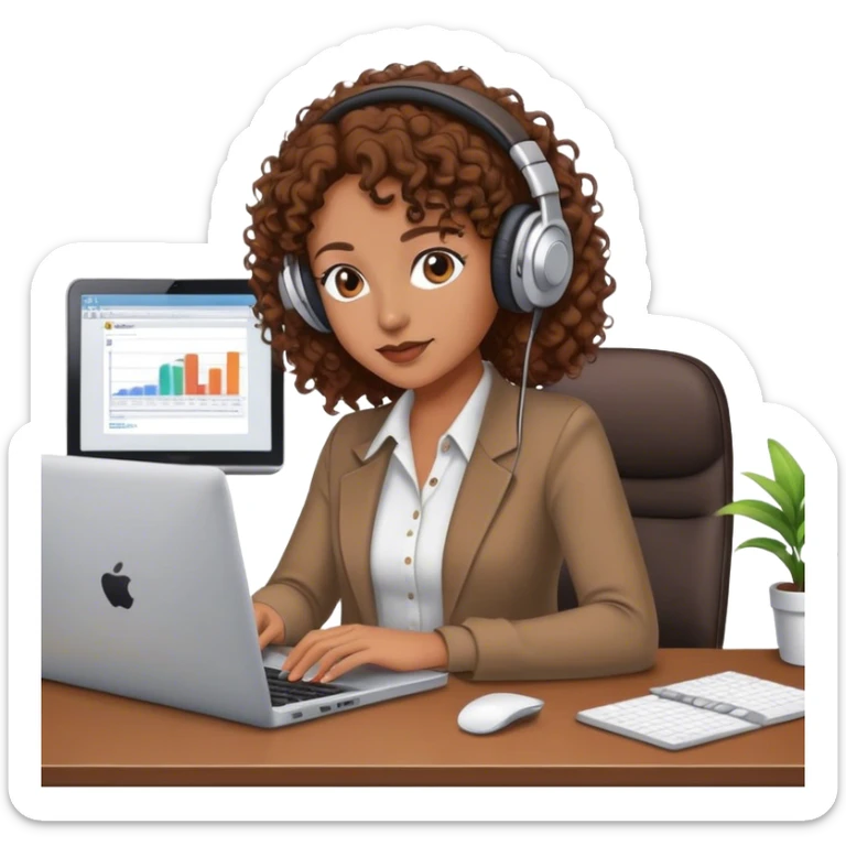 a woman with brown curly hair in an office working with laptop listening to music sticker