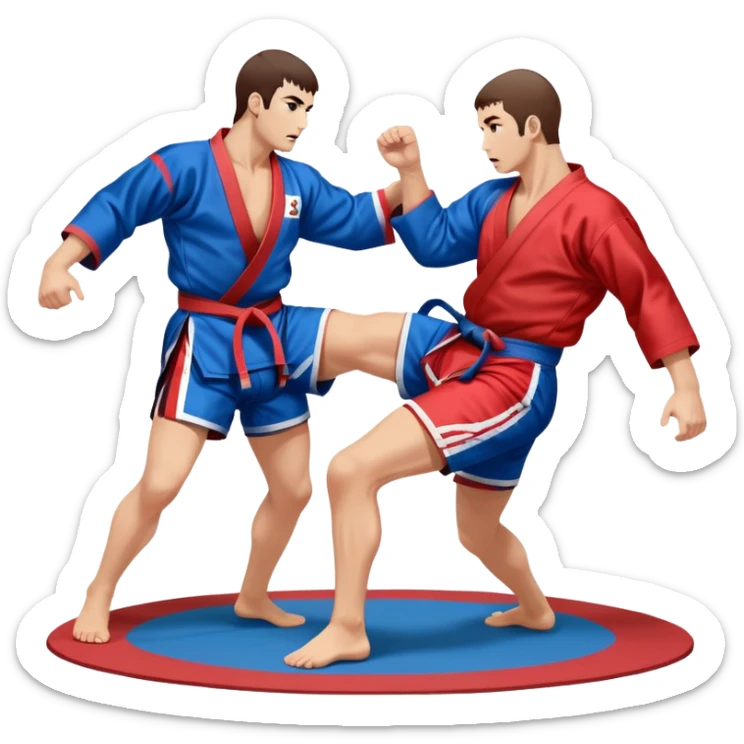 Two Sambo fighters in blue and red kimonos, with shorts and wrestling shoes, performing grappling and throwing techniques. The background shows a wrestling mat and an intense, focused atmosphere. Transparent background highlights the fluidity and skill of the sport without strikes. sticker