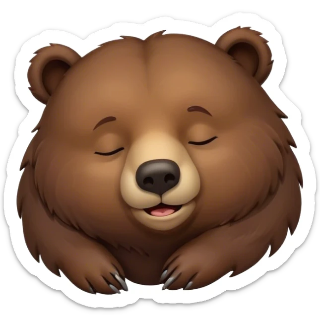 Meme-Worthy Cute Sleeping Grizzly Bear Portrait Emoji, Head resting peacefully with a contented smile, showcasing a massive, robust build and a luxuriously soft deep brown fur, eyes shut in a serene, restful nap, Simplified yet hilariously adorable features, highly detailed, glowing with a soft, drowsy light, high shine, relaxed and utterly lovable, stylized with an air of playful laziness, bright and heartwarming, soft glowing outline, capturing the essence of a comically sleepy grizzly, so meme-worthy it feels like it could instantly become the next viral sensation of adorable slumber! sticker
