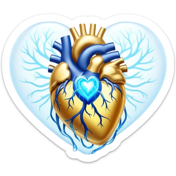 Golden omega-3 fish oil capsule with ethereal blue glowing aura connecting to a translucent heart and brain, showing energy flowing between them, with soft light waves sticker