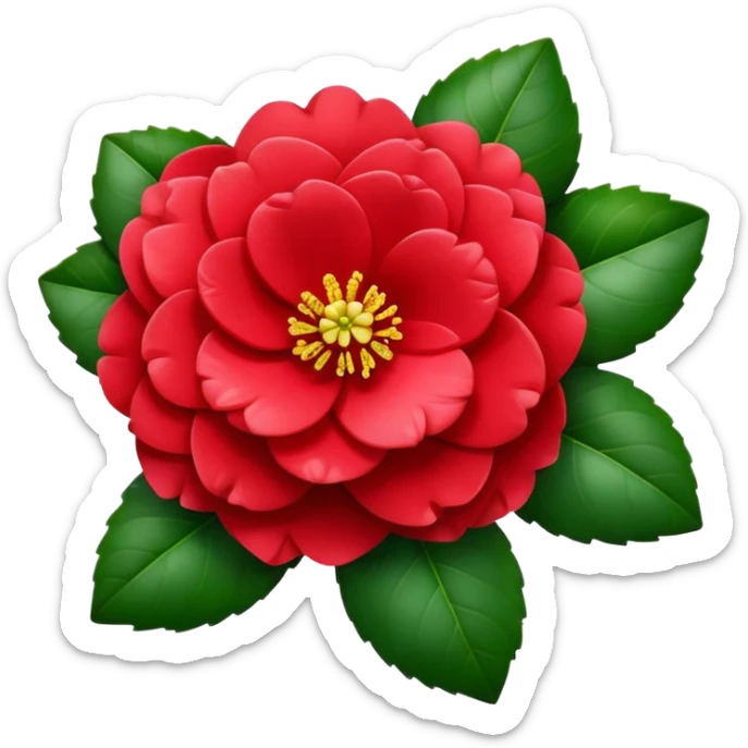 Beautiful red camellia flower with layered petals and glossy green leaves sticker