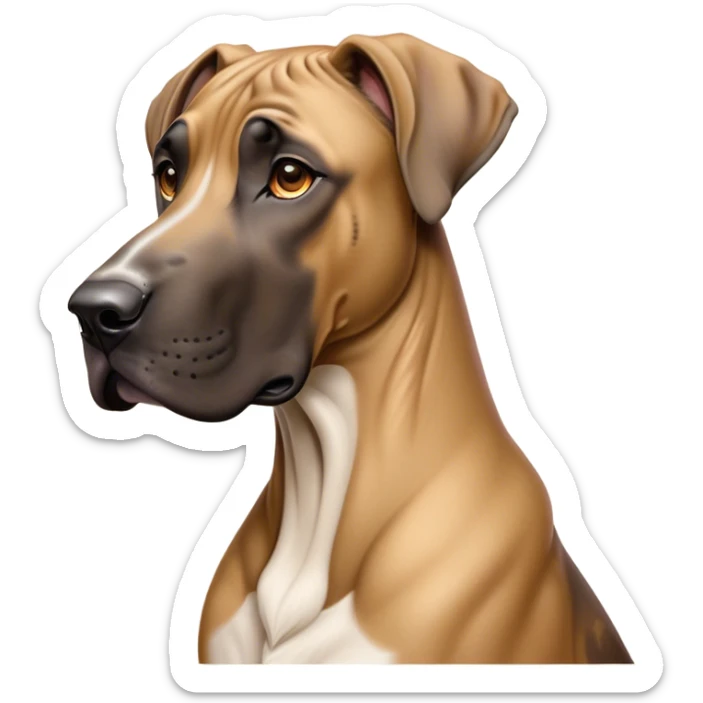 Cinematic Noble Fawn Great Dane Portrait Emoji, Poised and regal, with a towering, muscular build and a sleek, well-groomed solid fawn Fur accented by subtle dark markings, deep-set soulful amber eyes, Simplified yet sharp and sophisticated features, highly detailed, glowing with a soft, dignified glow, high shine, intelligent and gentle, stylized with an air of majesty, focused and attentive, soft glowing outline, capturing the essence of a watchful and confident guardian, so majestic it feels as though it could stride out of the screen with effortless authority! sticker