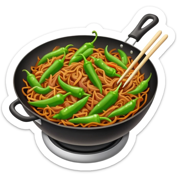 Green Pepper with Shredded Pork in wok, simplified emoji style with bold outlines and bright colors, cartoon style Qing Jiao Rou Si homestyle dish sticker