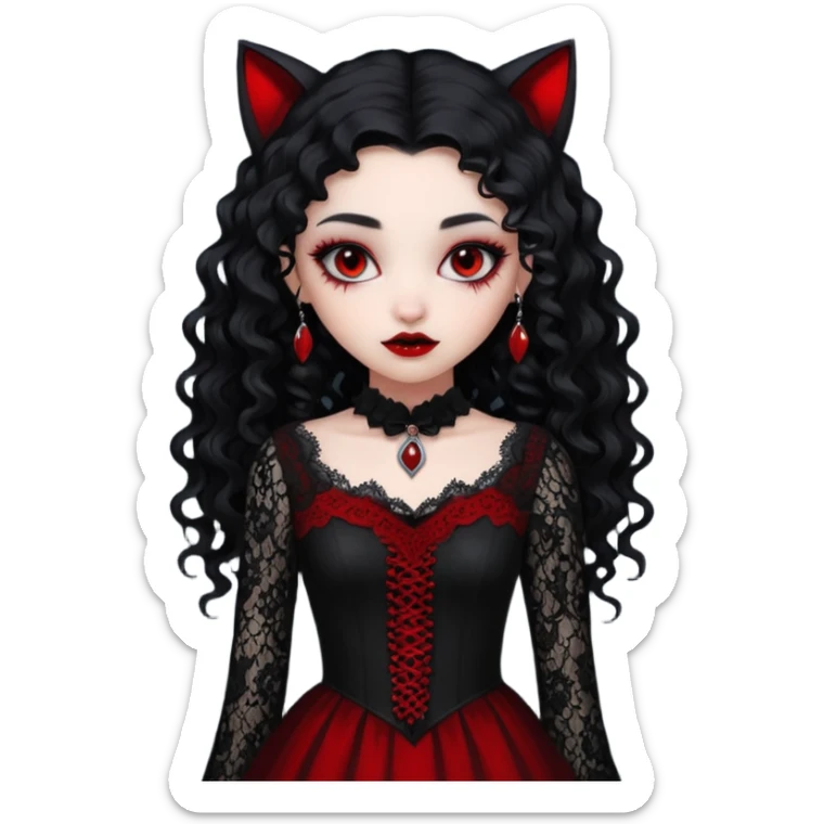 A girl with a red goth vampire look in a black and red goth lace dress with long sleeves and long black curly hair Fox eyes sticker