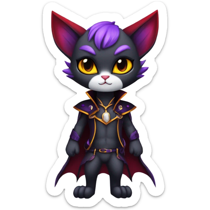 Anthro-Cute-Edgy-Cool-Vampiric-Batty-Cat-Black-Purple-Red-Grey-White-Yellow-Contrast-Colors-Fantasy-Fur-Sona-Chibi-Shiny-Fakémon-Hybrid with horns and fangs and collar full body sticker