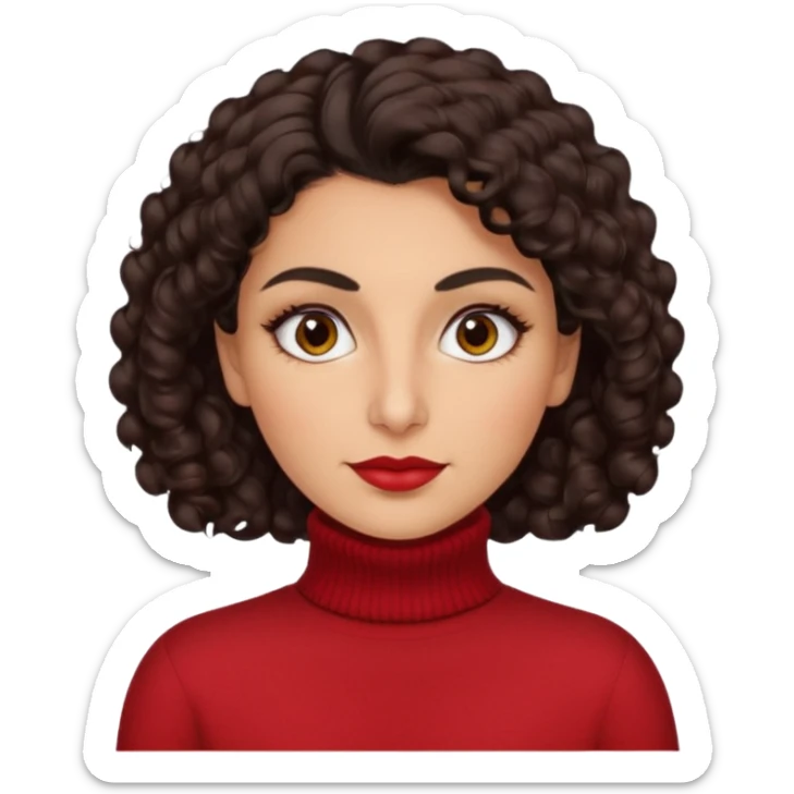 30 yr iranian woman dark brown hair curly wavy short hair, red turtle neck sweater, thick eyebrows sticker