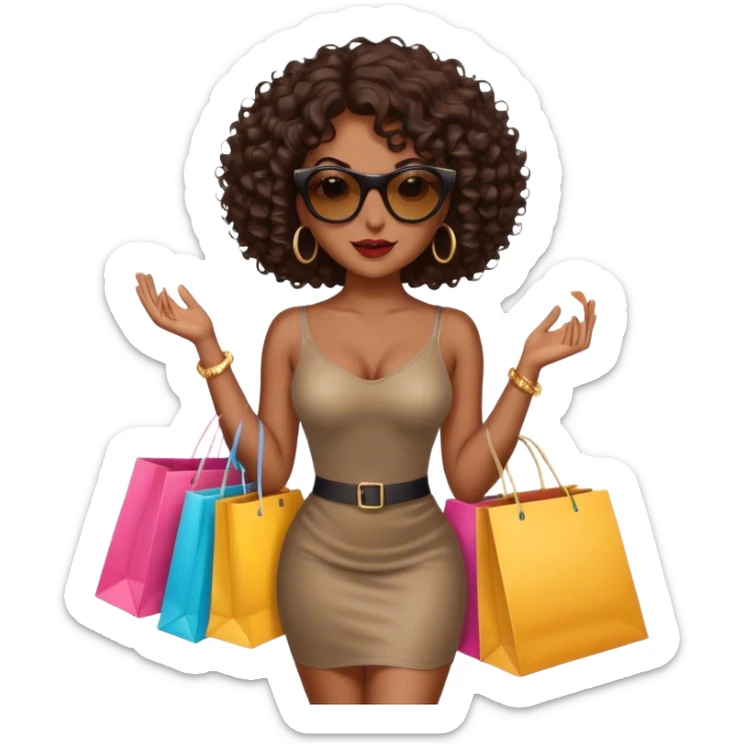 Rich dark brown girl with dark brown mid-length curly hair expensive retail shopping bags and sunglasses sticker
