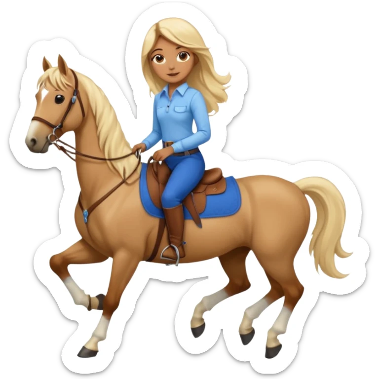 Brown girl with very long blonde hair wearing a cream colored; collared long sleeve shirt and blue riding pants with brown boots on top of a brown horse with 4 legs sticker