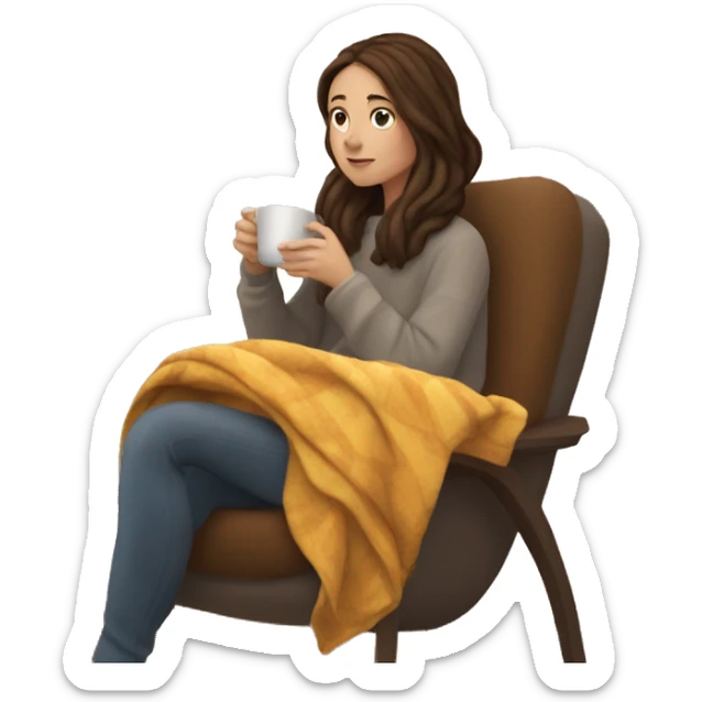 Brunette white girl covered in blanket autumn vibe sitting on a cozy chair holding coffee, window on the background sticker