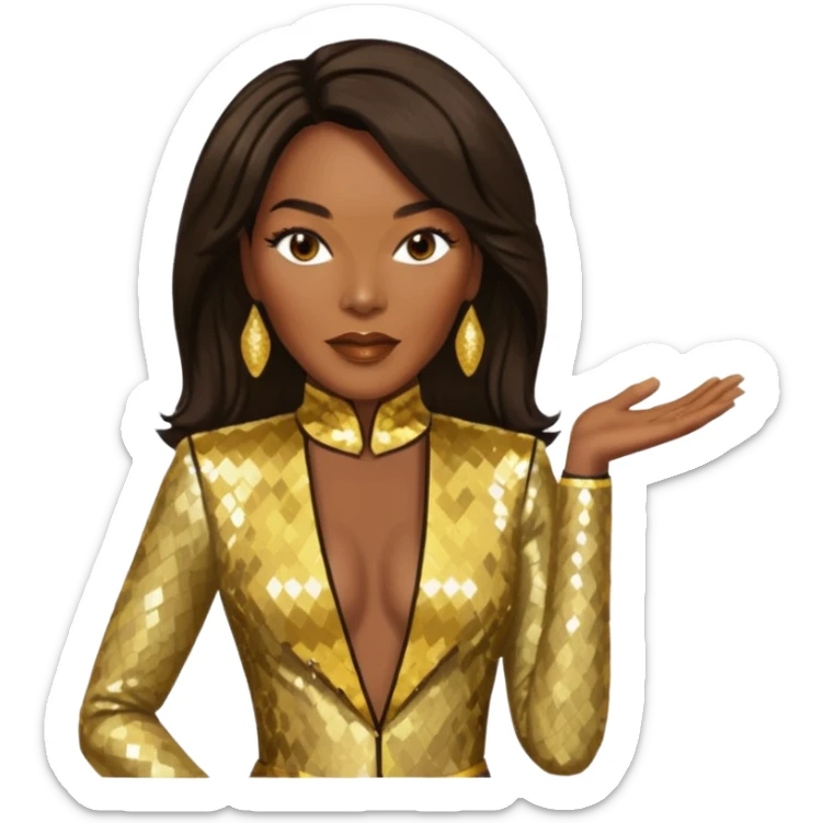 Angela Bassett with long dark brown hair, gold sequin outfit sticker