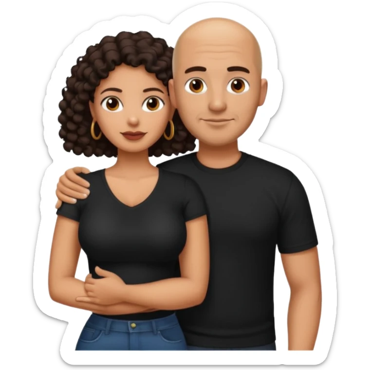 A picture of a tanned couple with the man's arm around her. the man is a Mexican man with tanned skin, a bald hair cut, short beard and wearing a black shirt. the woman is mixed, with curly dark brown hair and with big boobs  sticker