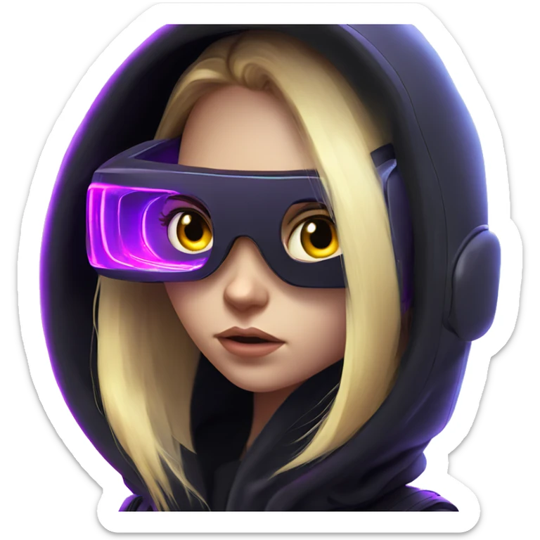 Russian cute blond girl wearing black hoody with violet letters "OMG", in vr headset. Cyberpunk style. Violet neon. sticker
