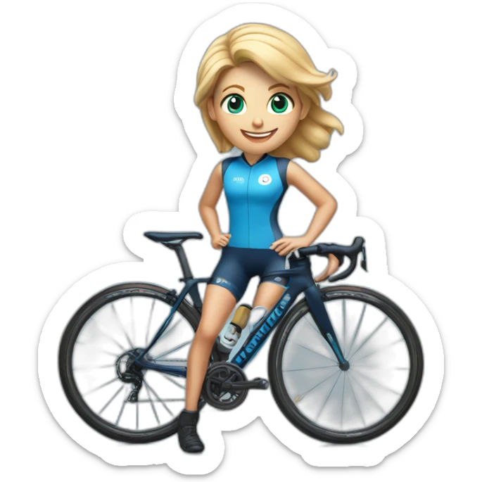 small blonde woman cyclist with brown eyes, very smiling, with dark blue outfit and sky blue infinity logo as sponsor sticker