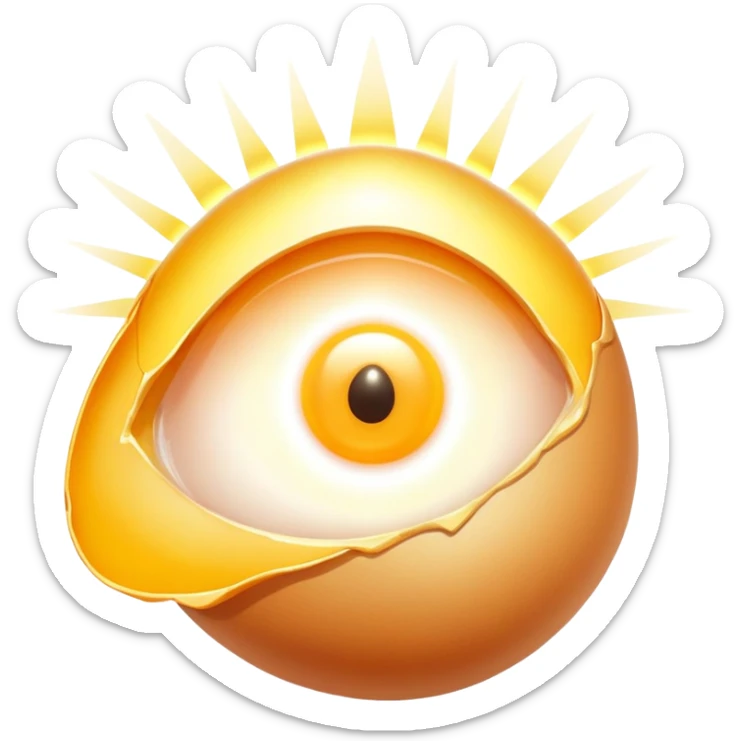 Glowing chicken and egg yolk emitting golden rays toward an ethereal eye and a section of regenerating skin. The eye brightens as the light touches it, while the skin shows visible renewal with a warm golden glow, illustrating vitamin A benefits. sticker