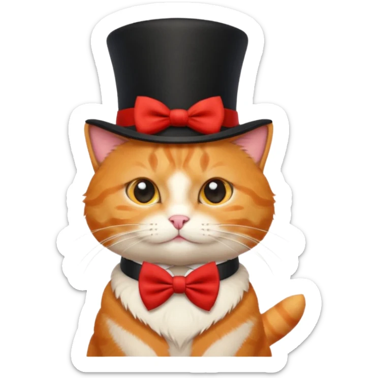 Cute emoji-style orange tabby cat wearing a black top hat with a red band and a red bow tie, big round eyes, fluffy fur, clean mascot style, centered, transparent background, 1:1 ratio. sticker