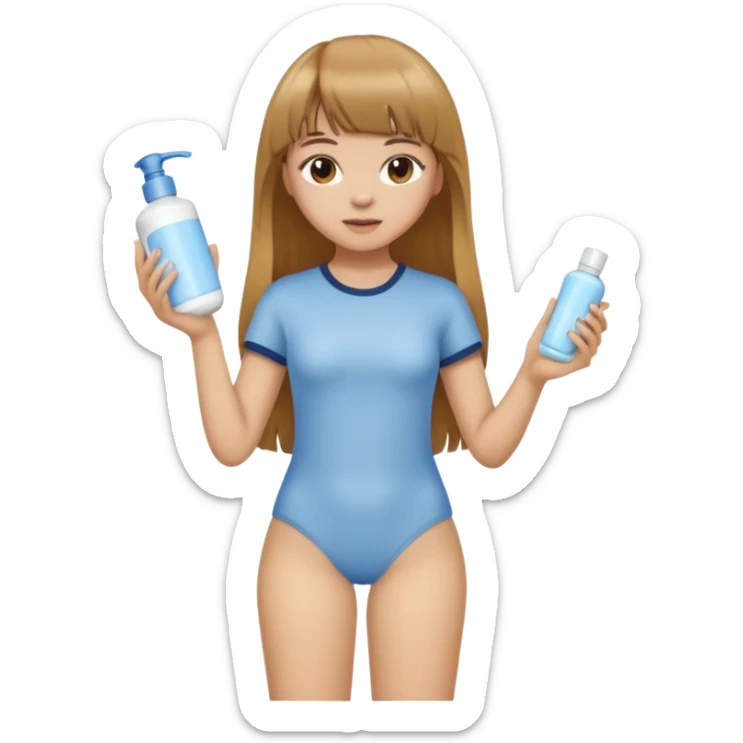 a girl with light skin and medium brown long hair with bangs who is applying lotion to her body show her whole body sticker