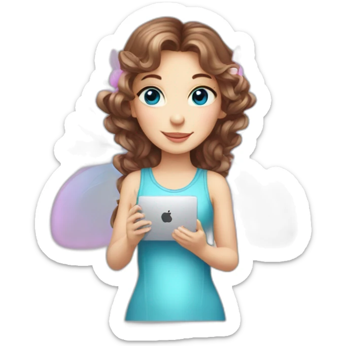 beautiful fairy with pink wings, brown wavy hair, and blue eyes, holding a computer mouse sticker