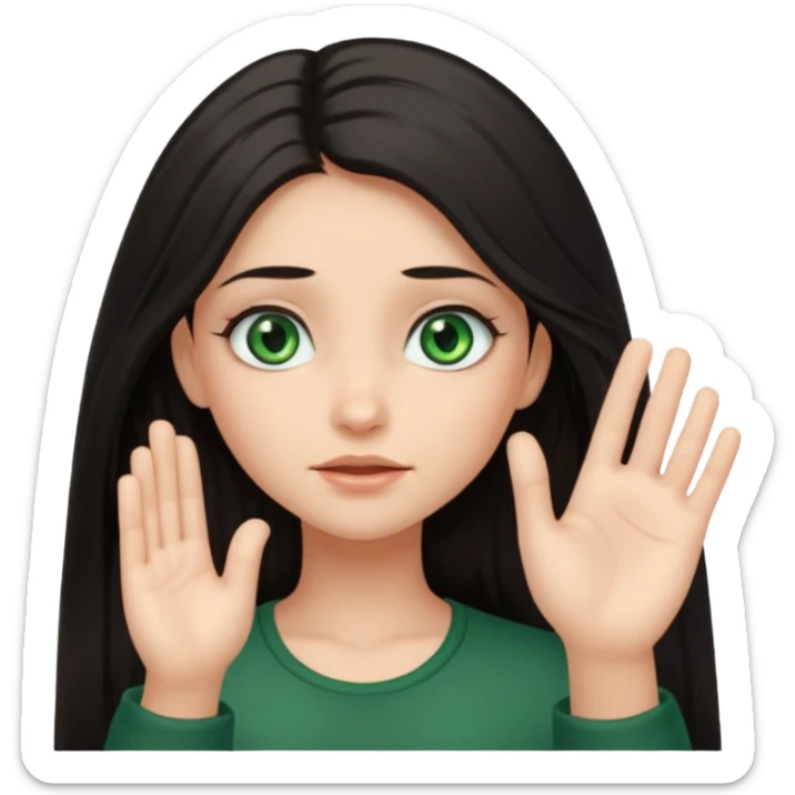 Animated girl dark long hair green eyes emoji holding right side of the head with her hand with duh facial expression , hand on her head sticker