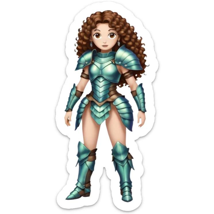 full body woman long curly brown hair brown eyes white skin tattoos beetle shell armor couture, iridescent plates, confident stance sticker