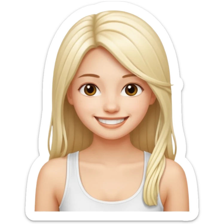 a pretty bratz fair girl with straight long hair, wearing a white noodle strap tank top, smiling sticker