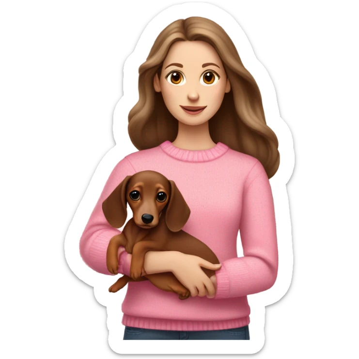 Brunette white girl with long hair in a pink sweater holds a brown and cream dachshund long haired puppy in her arms sticker