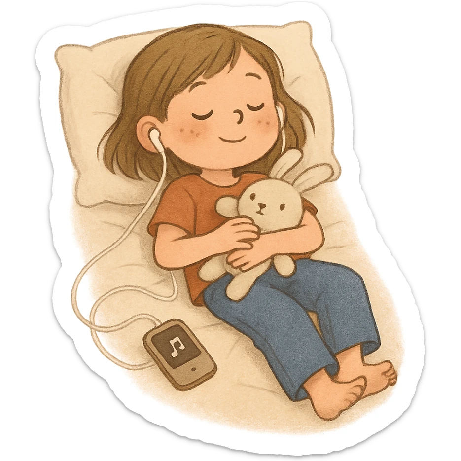 Girl lying on bed comfortably listening to music with wired earphones, holding a plush toy, bufo style sticker