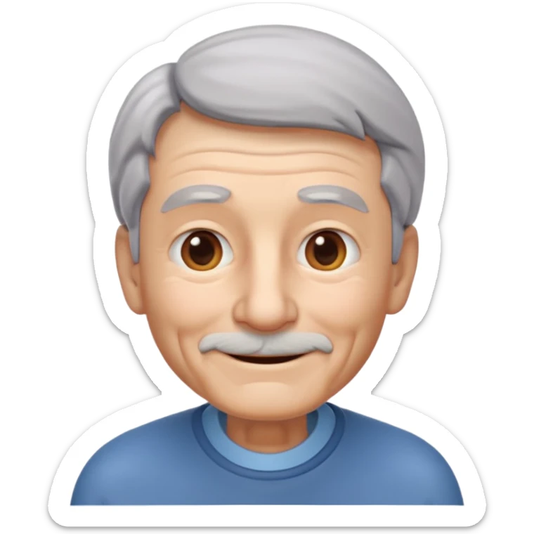 A 3D emoji in iOS emoji aesthetic style of an old man with gray hair, gentle wrinkles, kind smile, and soft eyes. Minimal white background, glossy Apple-style design, warm and friendly expression. sticker